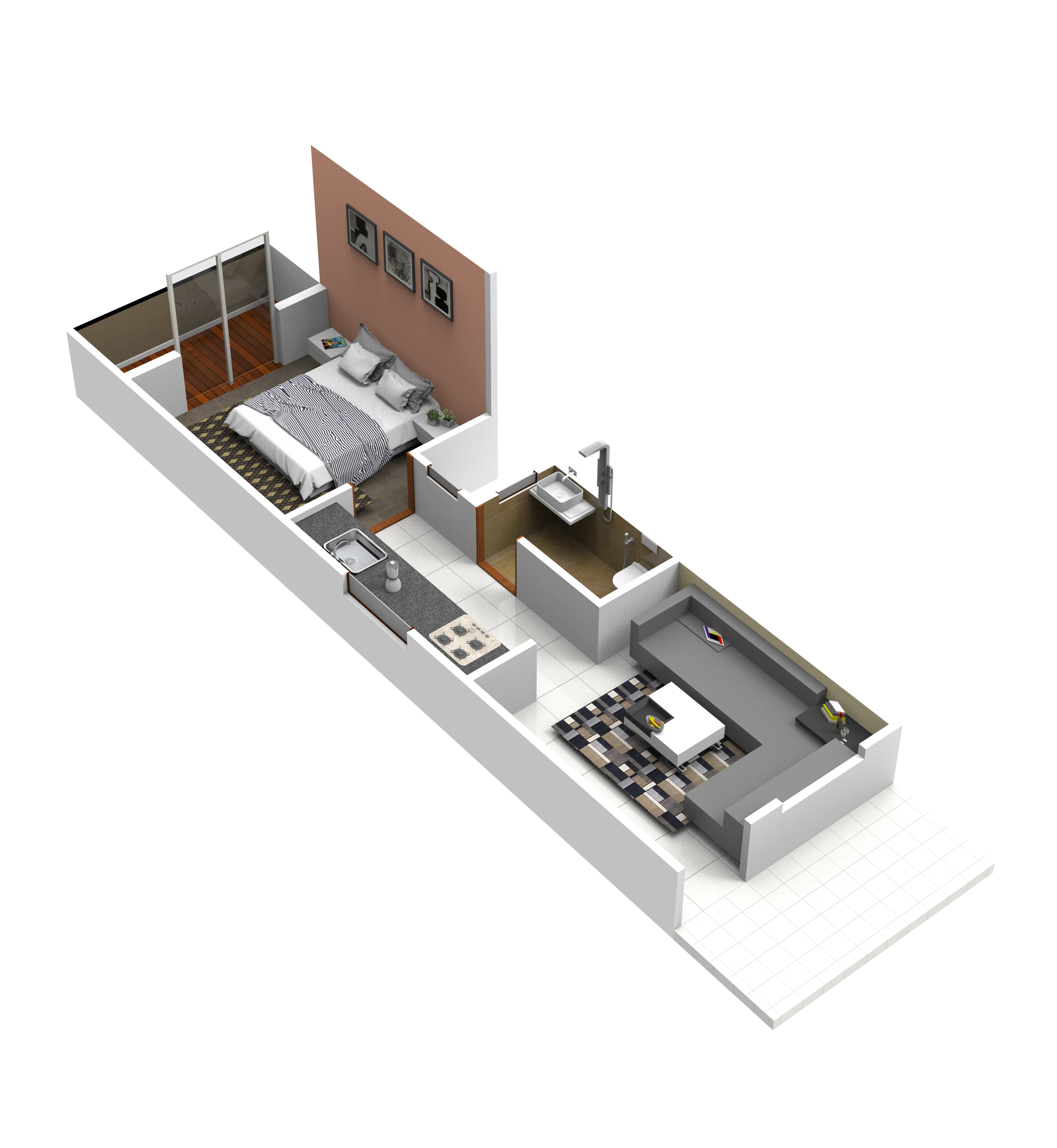 3D layout of the 1 BHK apartment with a bedroom, attached bathroom, kitchen and a long living area