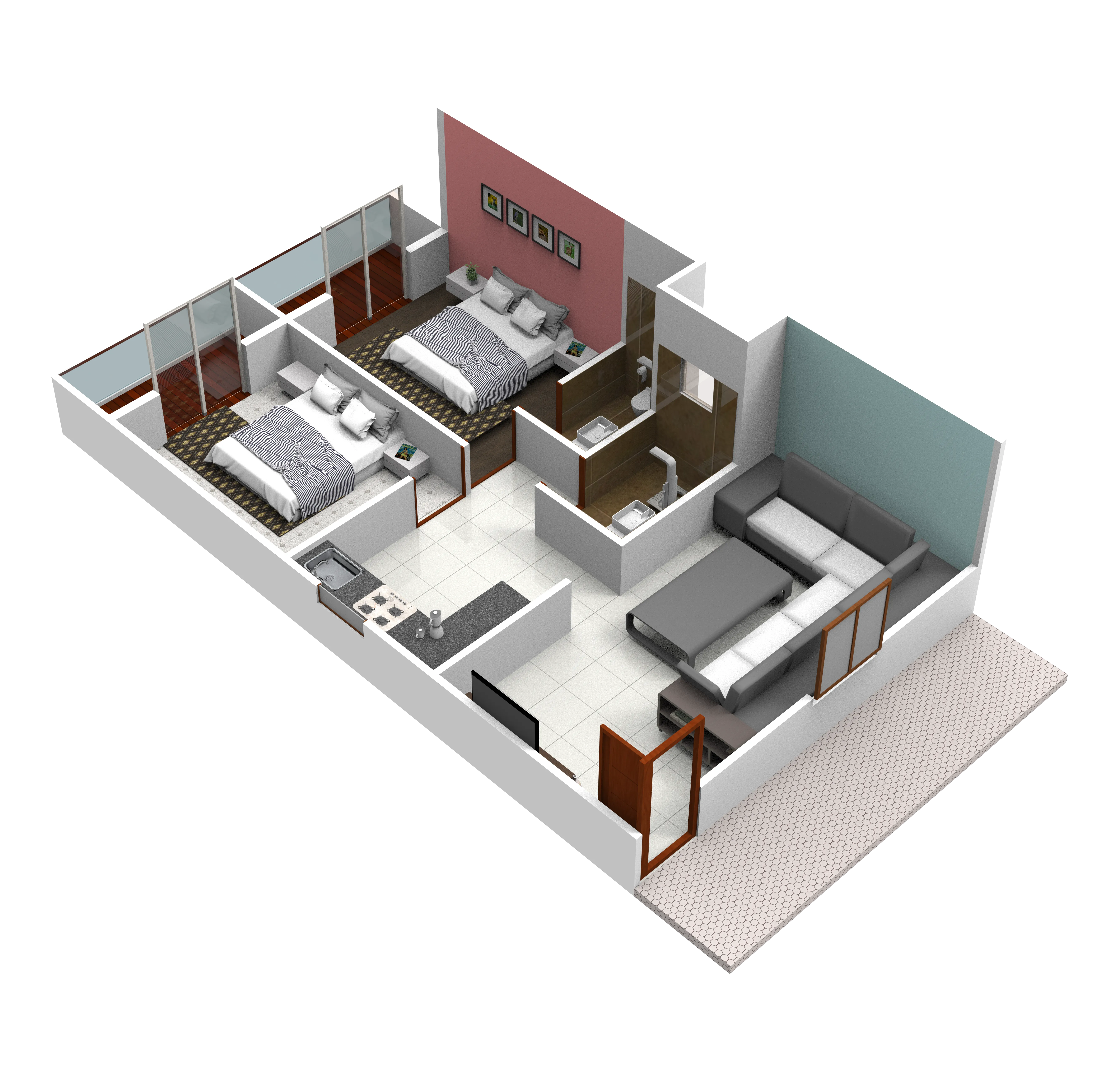 3D layout of the 2 BHK apartment with two bedrooms, two bathrooms, kitchen and living room