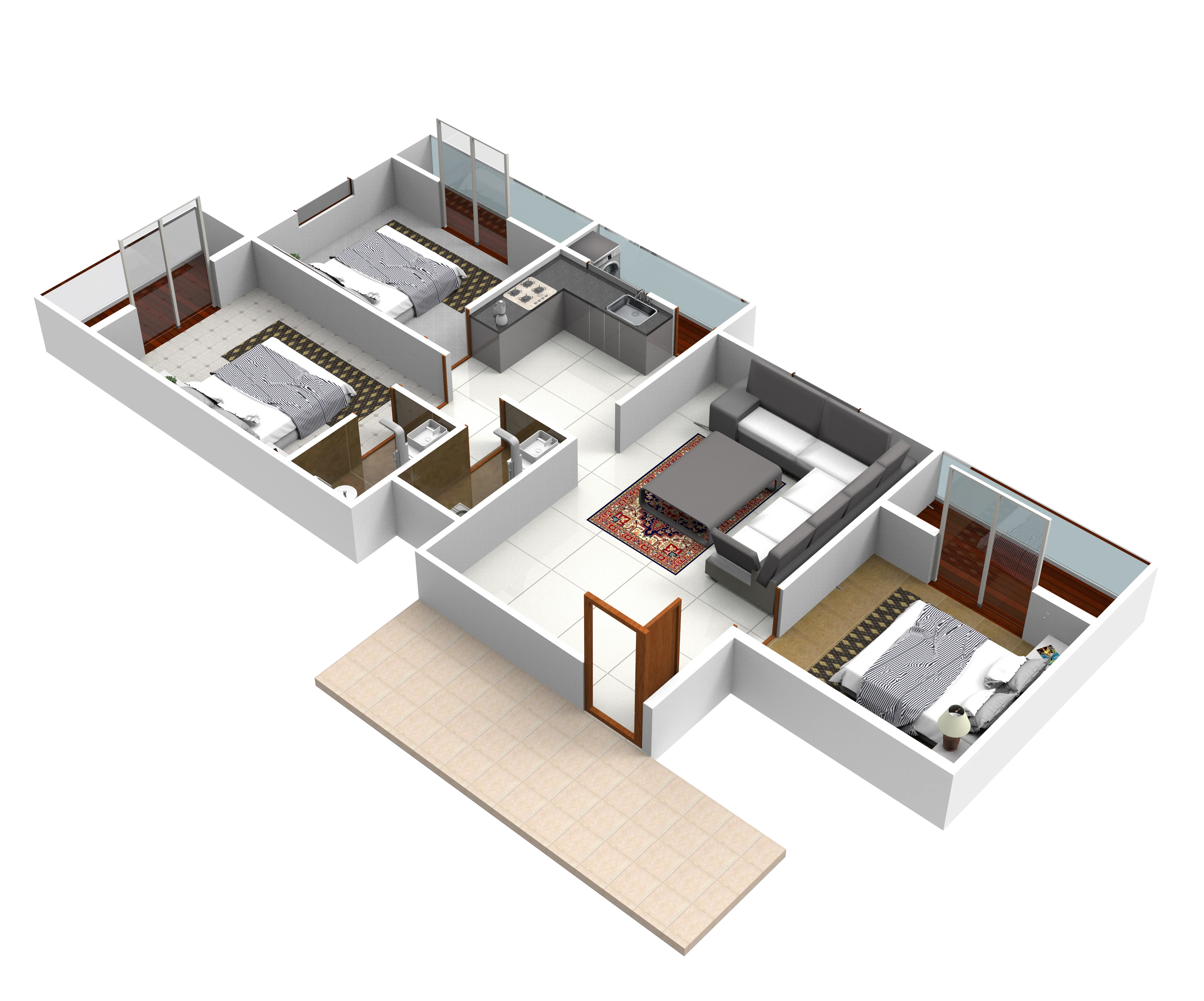 3D layout of the 3 BHK apartment with three bedrooms, two bathrooms, kitchen and living room