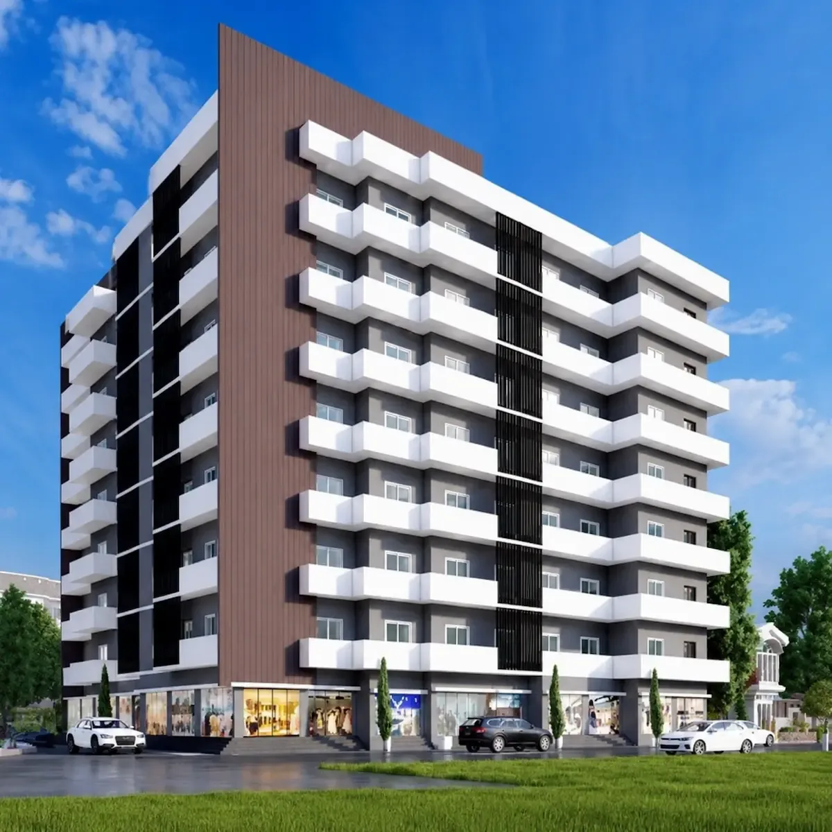 Barkat Heights — exterior view of the residential building with ground-floor retail