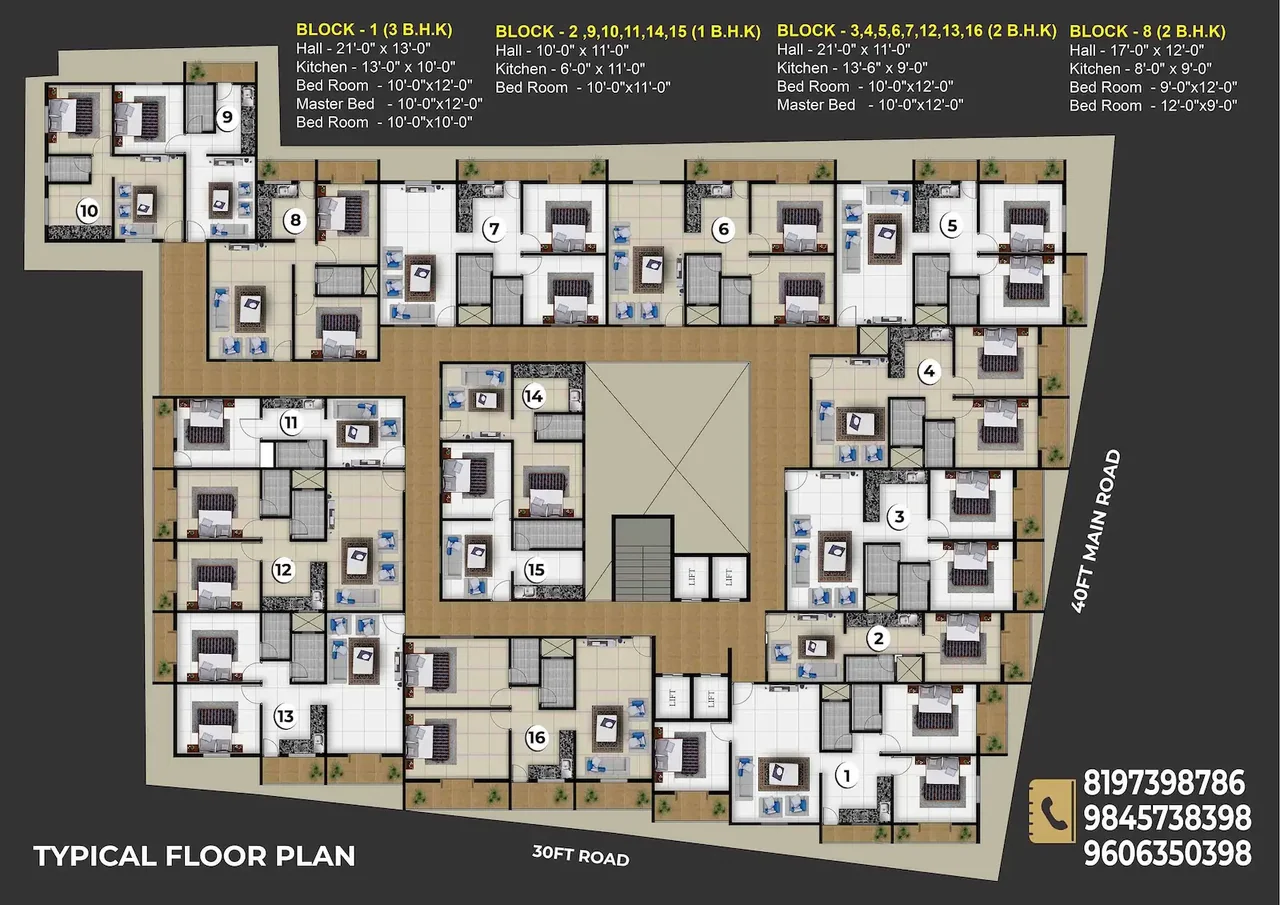 Barkat Heights typical floor plan — Block 1 (3 BHK), Blocks 2/9/10/11/14/15 (1 BHK), Blocks 3/4/5/6/7/12/13/16 (2 BHK), Block 8 (2 BHK), arranged around a central courtyard with two lift lobbies