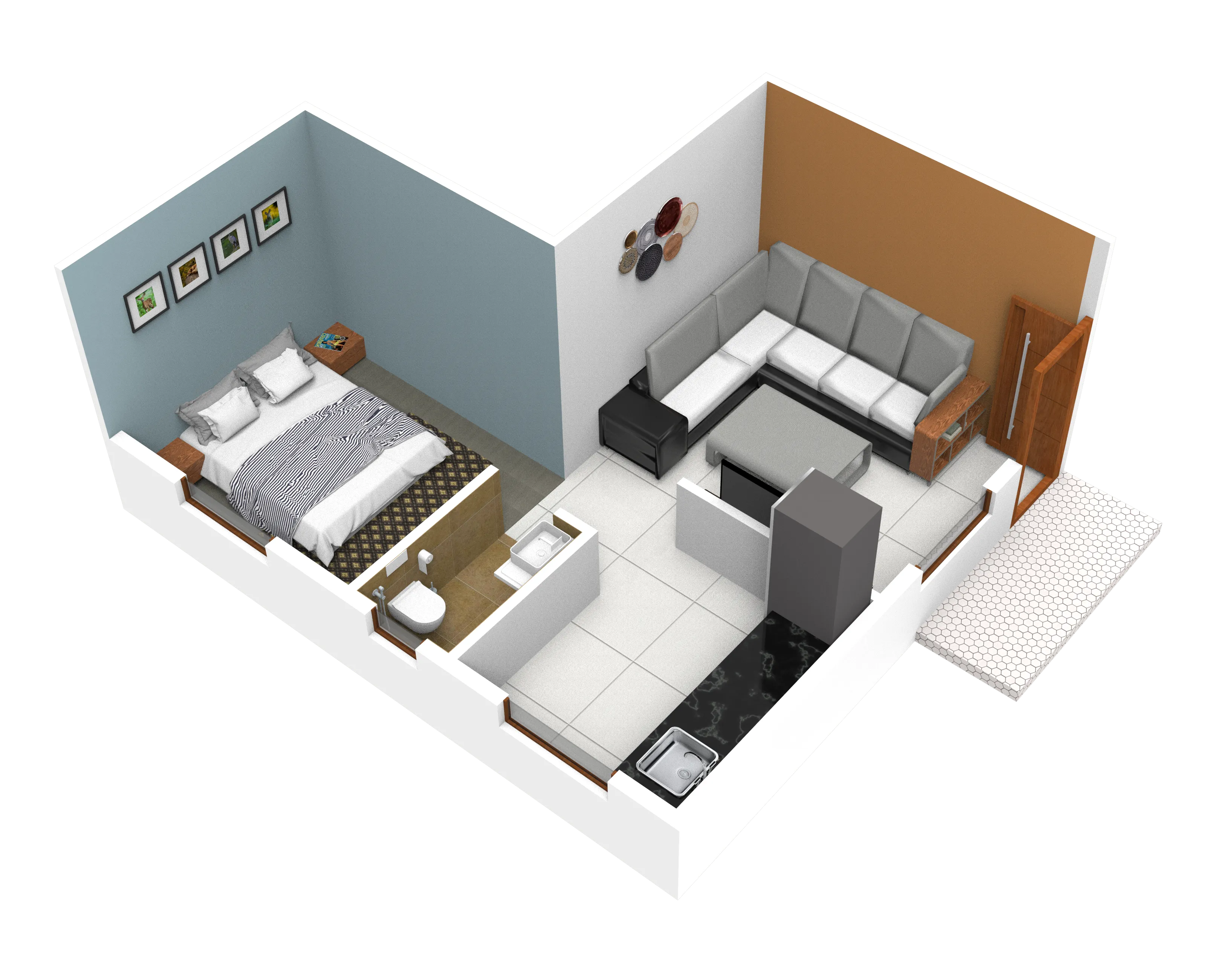 3D layout of Flat 4 with a bedroom, bathroom, kitchen and living area