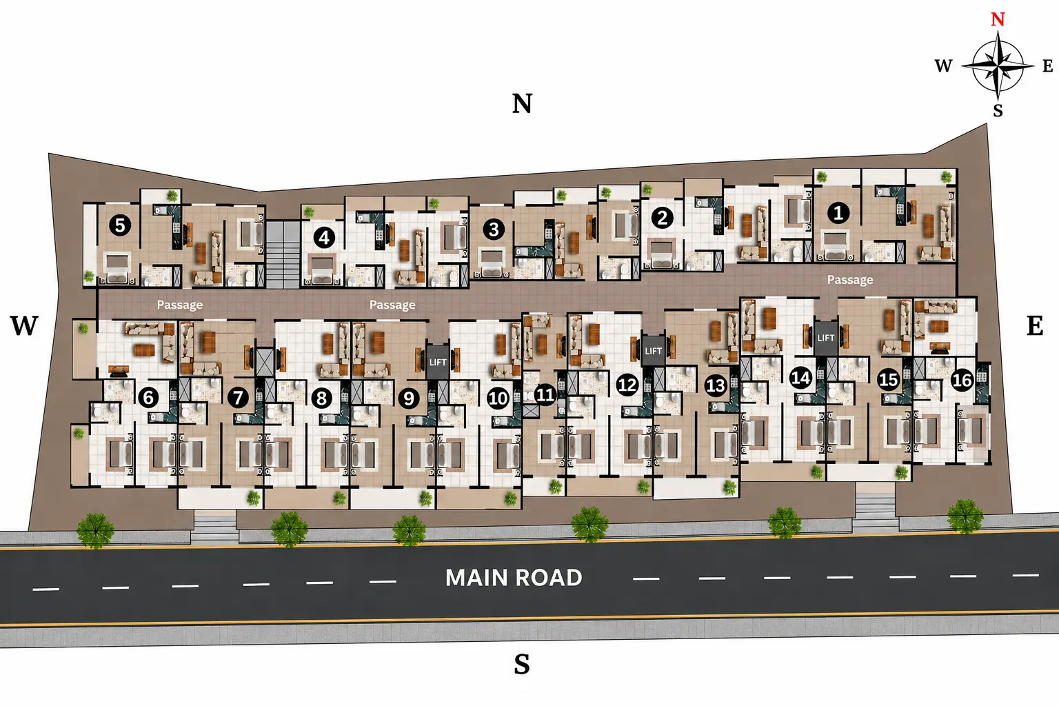 Shivneri typical floor plan — well-planned units serviced by 3 lifts